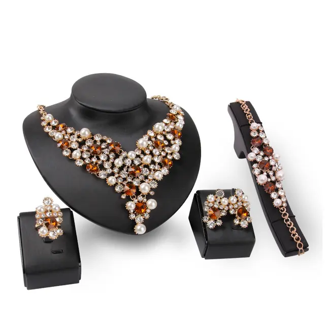 Four piece Bridal Clothing Accessories Necklace Earrings Champagne - Shop at LoveMi