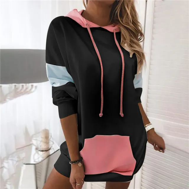 Women's Long Sleeved Hooded Sweater Contrast Color Stitching T Shirt Black - Shop at LoveMi