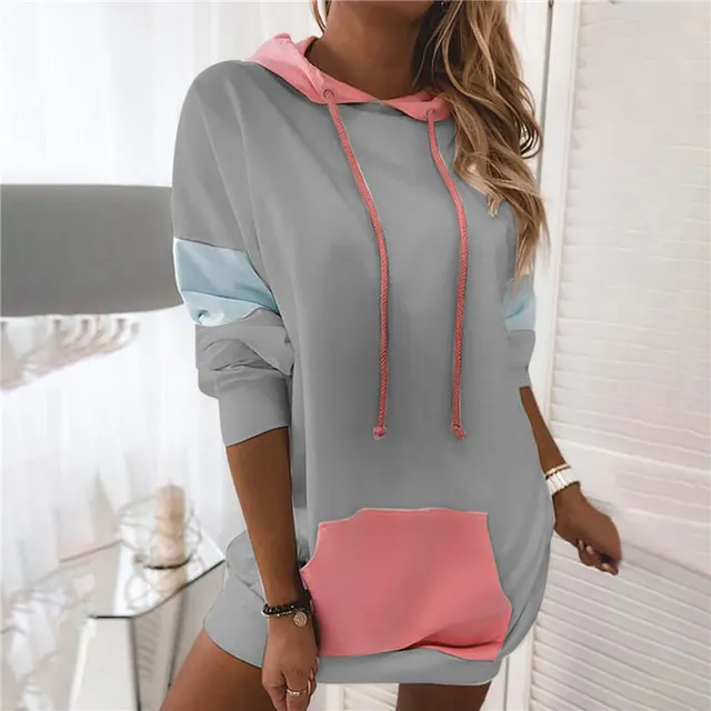 Women's Long Sleeved Hooded Sweater Contrast Color Stitching T Shirt Grey - Shop at LoveMi