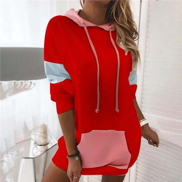 Women's Long Sleeved Hooded Sweater Contrast Color Stitching T Shirt Red - Shop at LoveMi