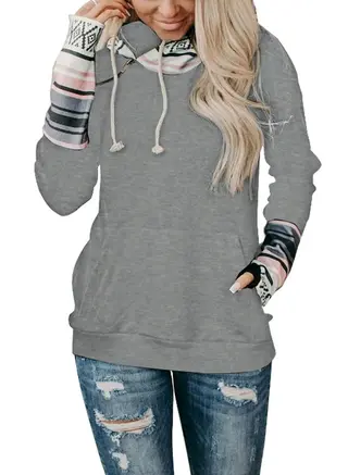 Women's color block hooded street style pullover sweater - Grey