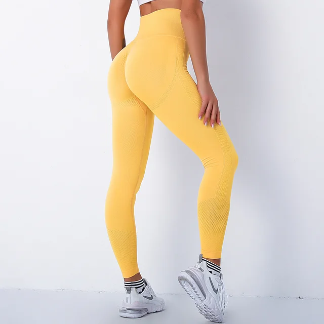 High waist stretch tight knit peach hip yoga pants Yellow - Shop at LoveMi