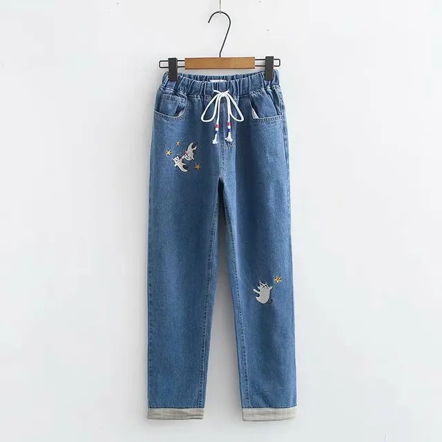 Old elastic waist lace up embroidered star denim pants Blue - Shop at LoveMi