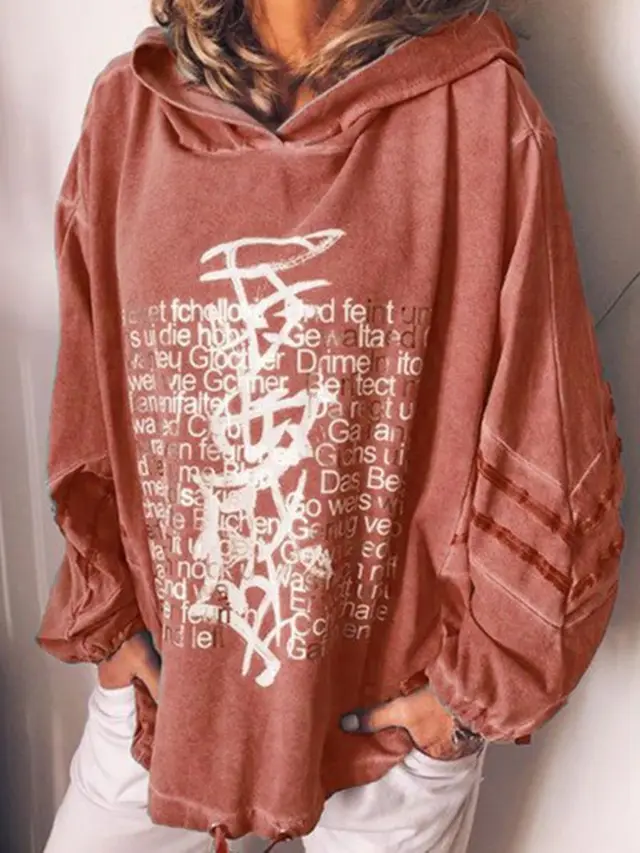 Hooded Sweatshirt Letter Print Loose Drawstring Jacket Red - Shop at LoveMi