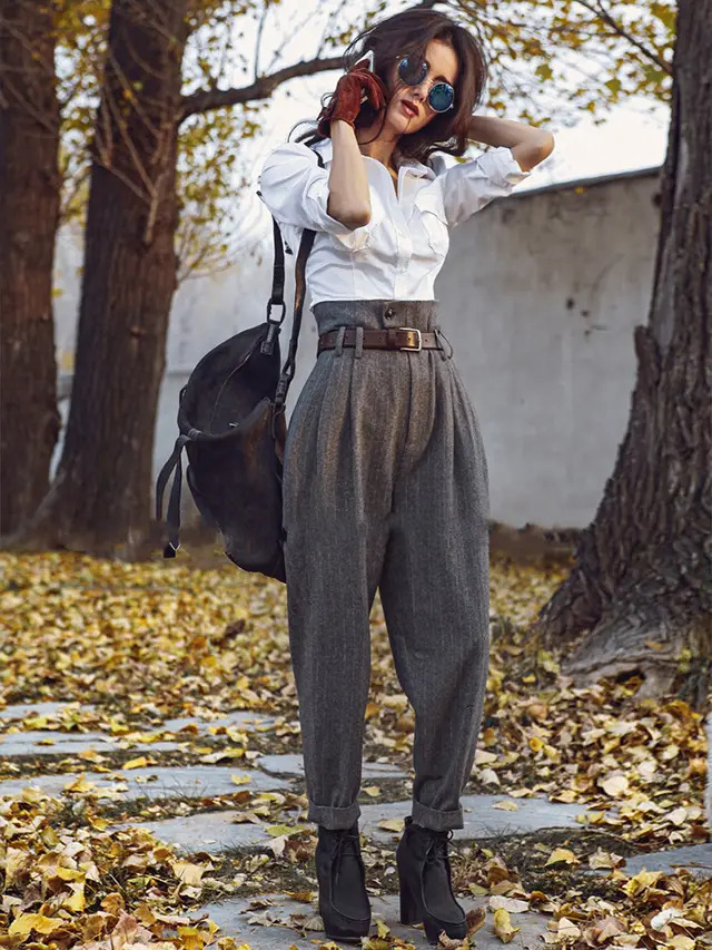 Casual Retro High Waist Woolen Striped Slim Fitting Pants Grey - Shop at LoveMi