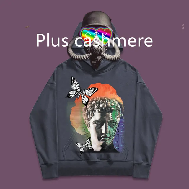 Insect butterfly printing cotton hooded sweatshirt Navy Blue Plus Velvet - Shop at LoveMi