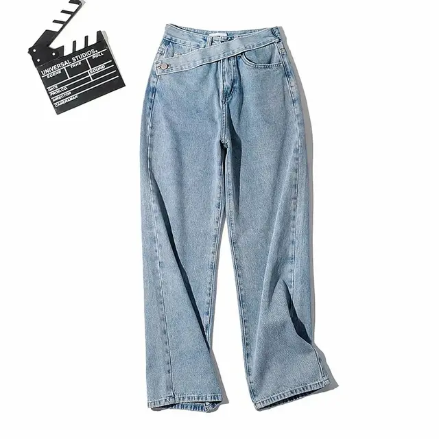 Oblique Belt High Waist Mopping Denim Wide Leg Pants Blue - Shop at LoveMi