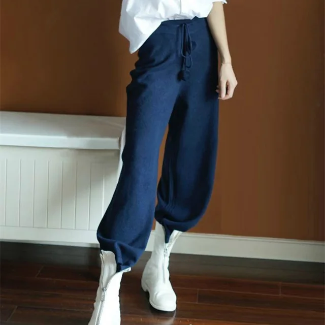 High waisted wide leg cashmere pants Blue - Shop at LoveMi