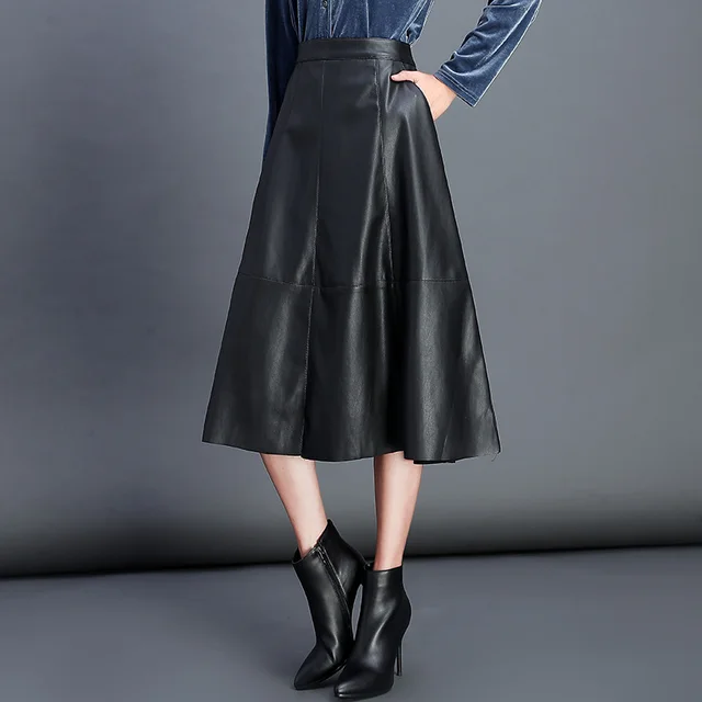 Classic Korean Women Pu Leather Skirt Skirt Pleated Skirt Loose Wild Black Thin Black - Shop at LoveMi