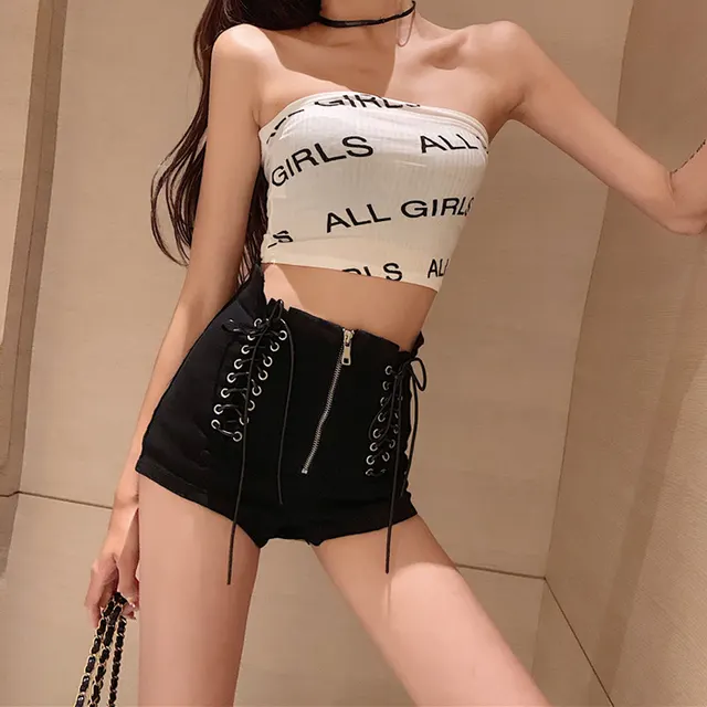 Fashion double straps design high waist denim shorts Black - Shop at LoveMi
