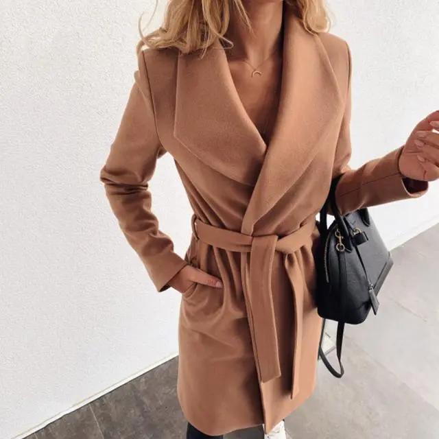 Lapel woolen coat Khaki - Shop at LoveMi