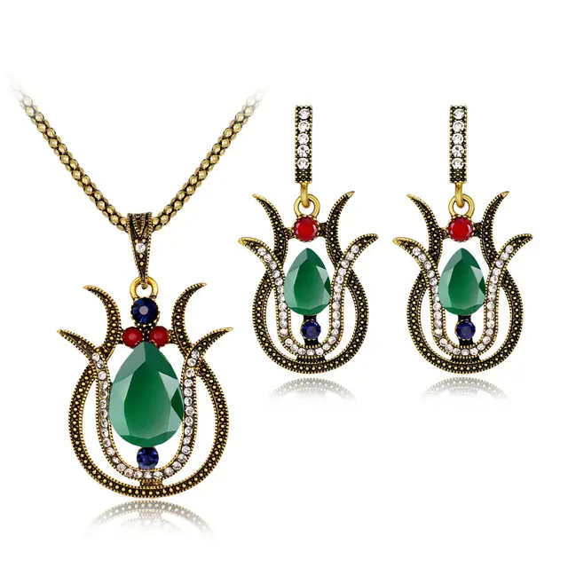 Alloy earrings necklace set Green - Shop at LoveMi