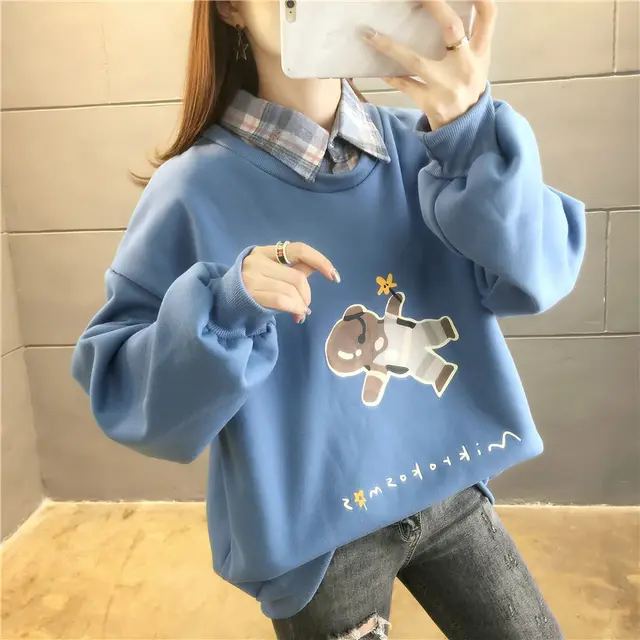 Fake two cute bear plus velvet padded sweater Light Blue - Shop at LoveMi