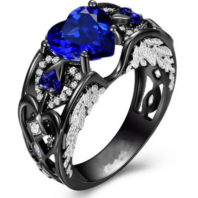 Creative Design For The . Europe And The United States Princess Diamond Ring Heart shaped Ruby Engagement Lady Black Gold Ring Bule - Shop at LoveMi