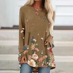 European and American round neck print mid-length T-shirt - Khaki