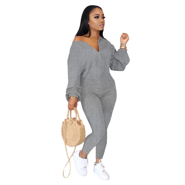 Women's Casual Loose Jumpsuit With Sloping Shoulders Grey - Shop at LoveMi