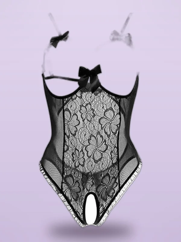 Lace Lingerie, Teddy, Open Cap, Bow Tie, , Black - Shop at LoveMi