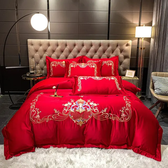 Four Piece Embroidered Cotton Long Staple Cotton Bedding Red - Shop at LoveMi