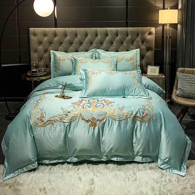 Four Piece Embroidered Cotton Long Staple Cotton Bedding Water Green - Shop at LoveMi