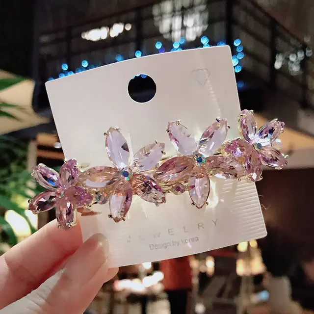 Korean Fashion Rhinestone Crystal Butterfly Hairpin Five Petal Flower Purple - Shop at LoveMi