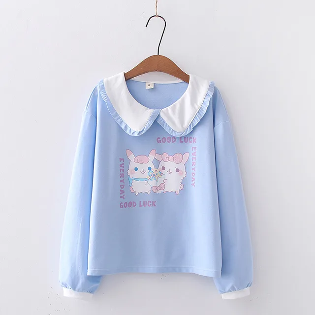 Japanese Lace Lapel Two Rabbit T shirt Women Blue - Shop at LoveMi
