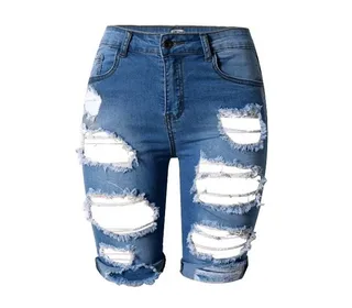 High waist personality, hole, middle pants, street fashion, the same paragraph, wild slim stretch pants, large size - Blue