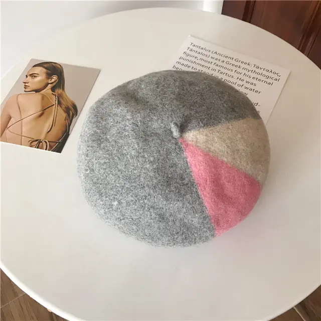 Autumn and winter mixed color pure wool beret women Grey Pink - Shop at LoveMi