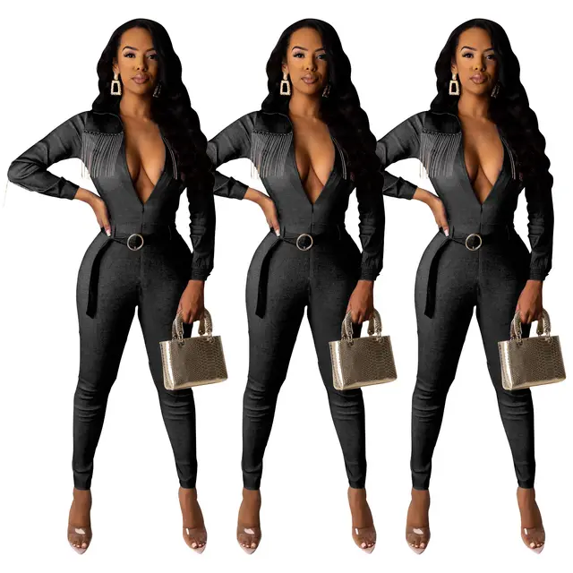Denim fringed solid color jumpsuit (with belt) Black - Shop at LoveMi