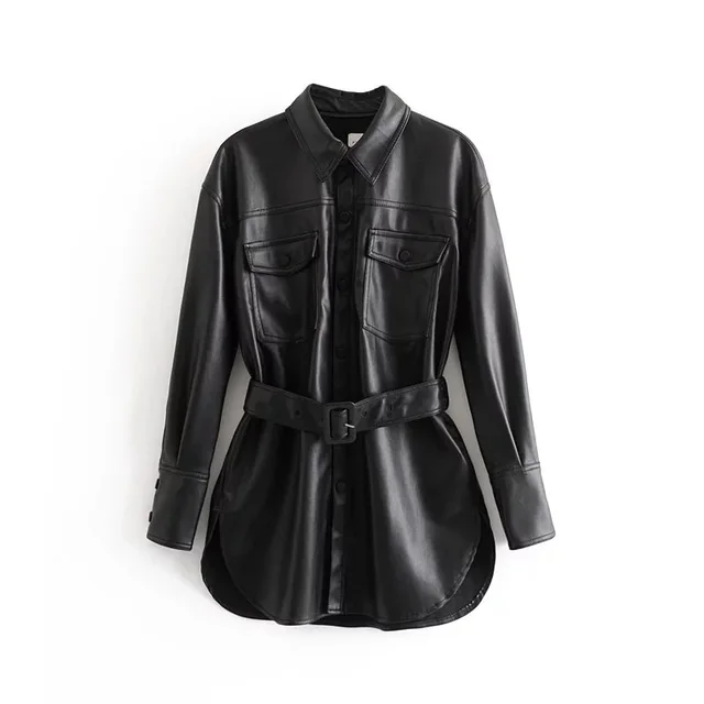 Loose long sleeve lapel with belt coat Black - Shop at LoveMi