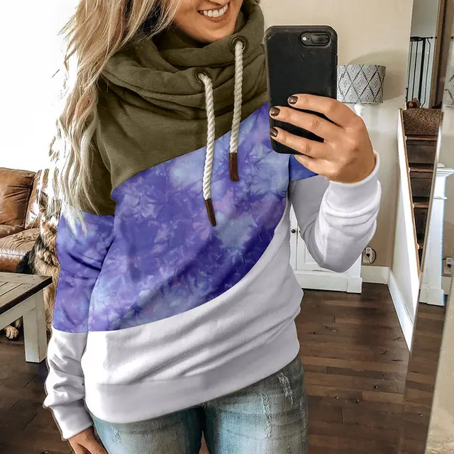 Autumn and winter women's stitching printed hooded fleece women's sweater Purple - Shop at LoveMi
