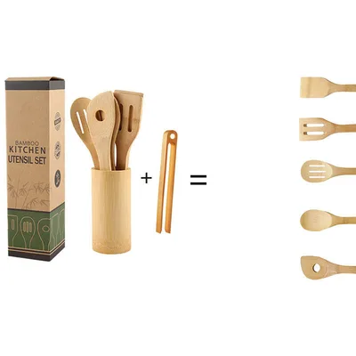 Bamboo Spatula Set with Square Holder Eco Friendly with Ergonomic Handle Kitchen Utensil 5 Style - Shop at LoveMi