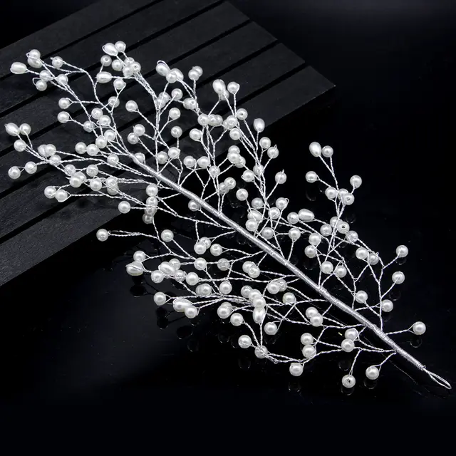 The bride wedding outdoor shooting handmade pearl comb shape sample leaves hair headdress spot Sliver - Shop at LoveMi