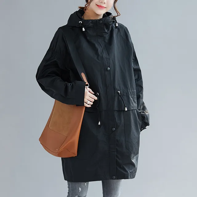 Large size autumn 200 kg Korean loose mid length hooded trench coat Black - Shop at LoveMi