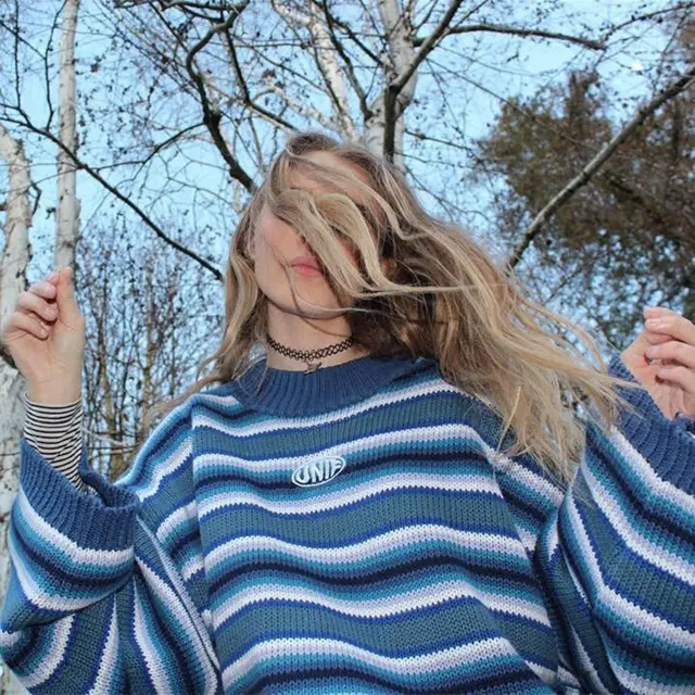 Blue Striped Loose All match Sweater Women Blue - Shop at LoveMi