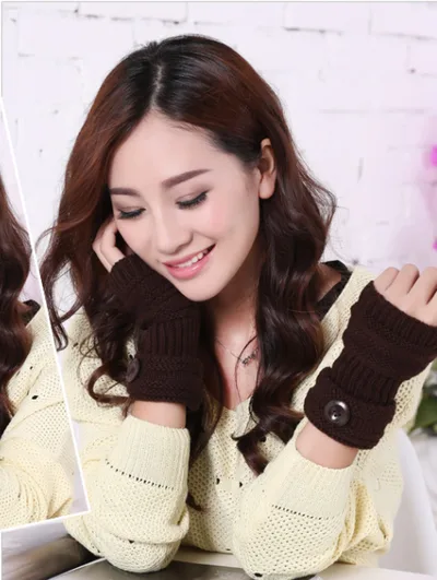 Button short wool crochet mittens knitted ladies warm gloves Coffee - Shop at LoveMi