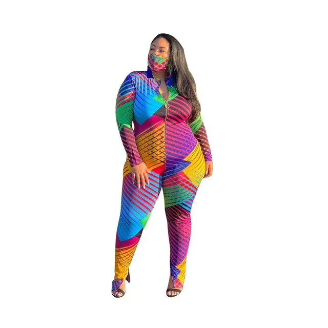 Women's Casual Geometric Printing Long Sleeve Zipper Jumpsuit Color - Shop at LoveMi