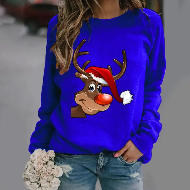 Christmas printed long sleeved round neck sweater Blue - Shop at LoveMi