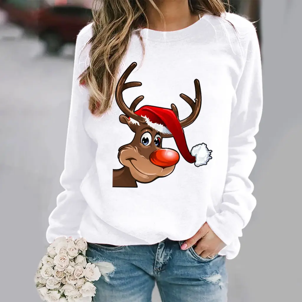 Christmas printed long-sleeved round neck sweater - White