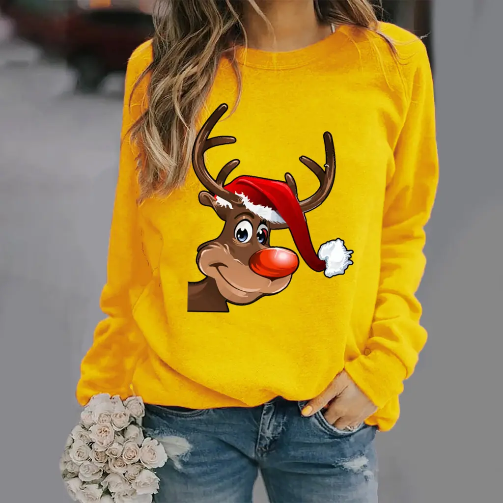 Christmas printed long-sleeved round neck sweater - Yellow