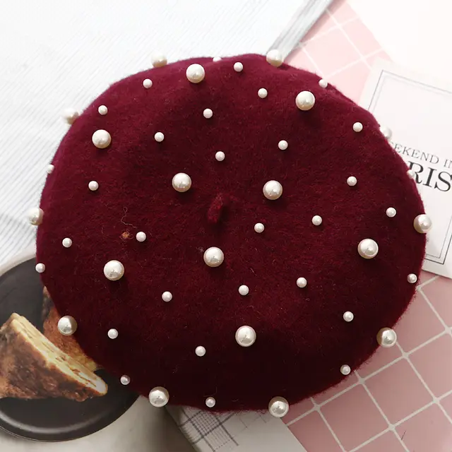 Gypsophila Beaded Pearl Rivet Wool Beret Red Wine - Shop at LoveMi