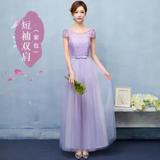 Bridesmaid Long Dress, Summer Dress,Evening Dress - Short Sleeve Double Purple - View 1