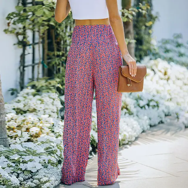 Fashion Printed High Waist Loose Lace up Wide Leg Pants - Shop at LoveMi