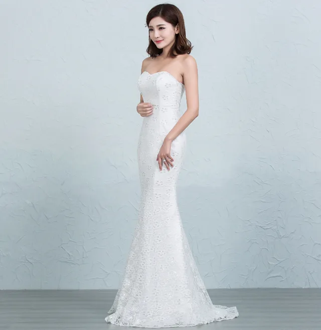 Sequined lace waist fishtail wedding dress White - Shop at LoveMi