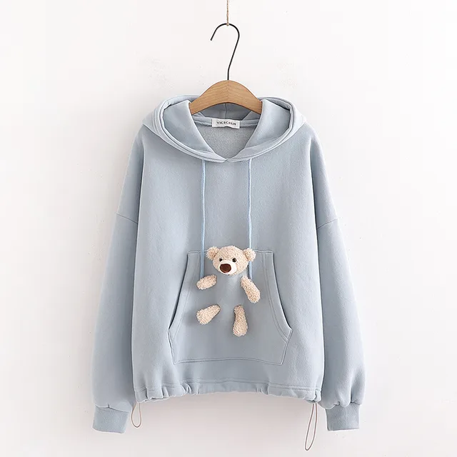 Doll bear round neck plus velvet warm sweater Light Blue - Shop at LoveMi