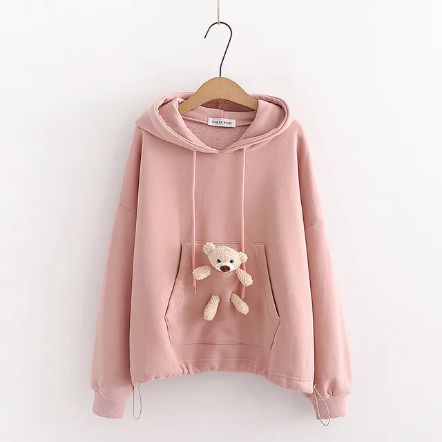 Doll bear round neck plus velvet warm sweater Pink - Shop at LoveMi