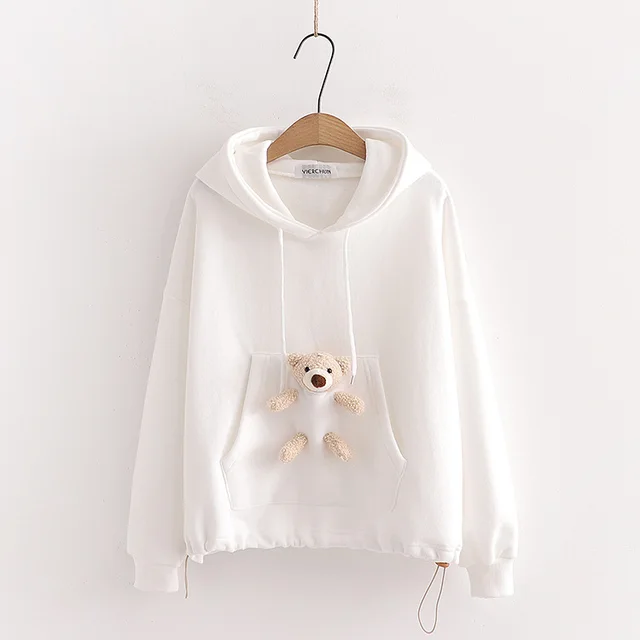 Doll bear round neck plus velvet warm sweater White - Shop at LoveMi