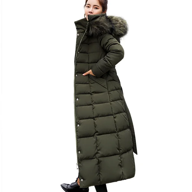 Large fur collar belt winter loose and thick down padded jacket Army Green - Shop at LoveMi