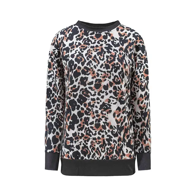 Leopard print stitching long sleeved loose sweater Brown - Shop at LoveMi