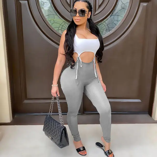 Contrasting high waist hip lift jumpsuit Grey - Shop at LoveMi