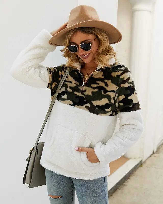 Long Sleeve Sweater Camouflage Stitching Top White - Shop at LoveMi